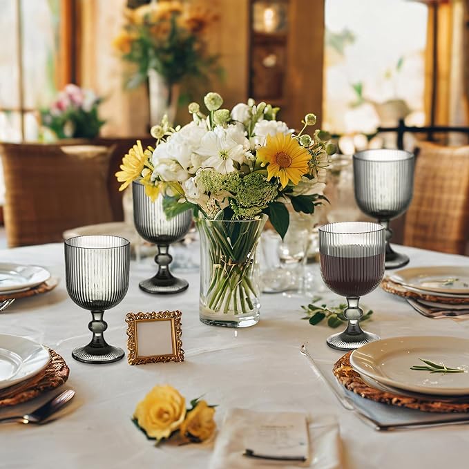 24 Pcs Vintage Wine Glasses, 11 Ounces Colored Glass Water Goblets, Unique Embossed Pattern High Clear Stemmed Glassware Wedding Party Bar Glass Drinking Cups Fancy Glasses Vertical Line Grey Set