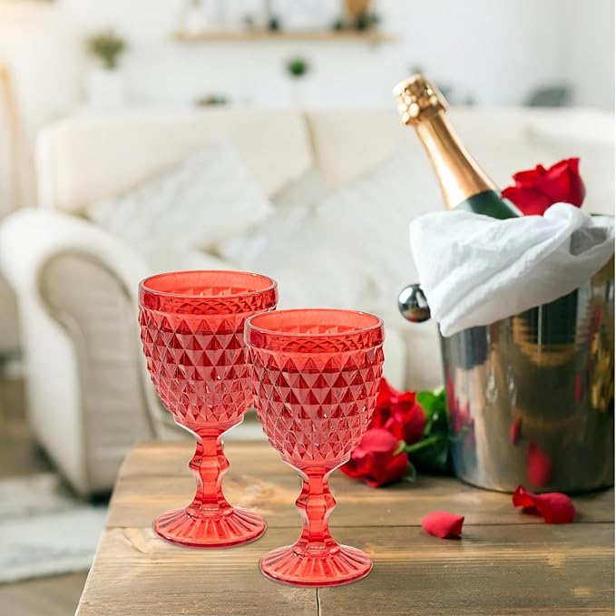 24 Pcs Vintage Wine Glasses, 10 Ounce Colored Glass Water Goblets, Unique Embossed Pattern High Clear Stemmed Glassware Wedding Party Bar Glass Drinking Cups, Diamond Red Glasses Set of 24