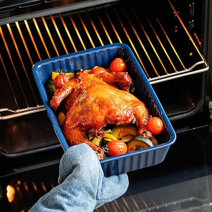 Ceramics baking dish set of 2, Rectangular Baking Dish, Lasagna Pans for Cooking, Kitchen, Cake,Dinner, Banquet and Daily Use, 12x 8 Inch & 8.95 x 6 inch of Casserole Dishes (Dark Blue)
