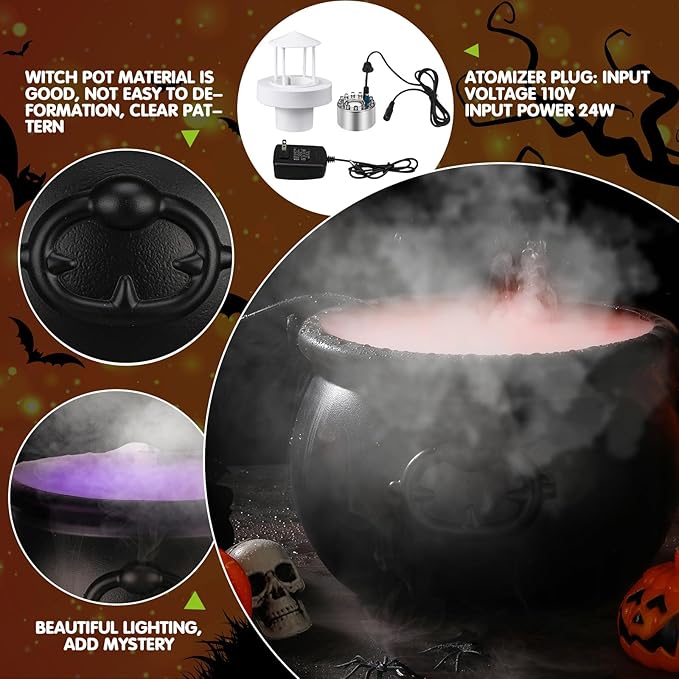 Wettarn Halloween Witches Cauldron 8 Plastic Smoking Cauldron Punch Bowl Decorations with Handle Mist Maker Fogger 12 LED Lights Fog Machine Atomizer Large Smoking Pot for Indoor Outdoor Parties
