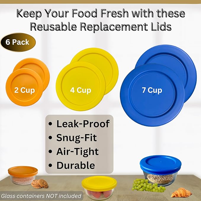 2, 4 & 7 Cup Orange, Yellow, Blue Replacement Lids/Covers for Pyrex, Anchor Hocking & KlareWare Storage Bowls *Lids Only Glass Container Not Included* (6 Pack *Two of Each Size*)