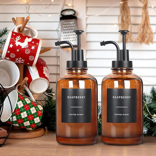 Coffee Syrup Dispenser, Set of 4 Amber Glass Syrup Bottle w. Pump and Labels, 16.9 oz 500ml Glass Syrup Bottle with Pump, Farmhouse Syrup Dispenser for Coffee Bar, Ideal Gift