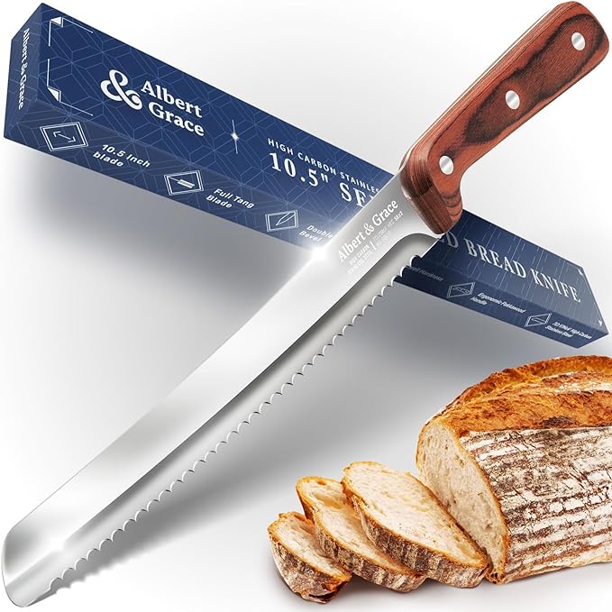 Albert&Grace 10.5-Inch Ultra Sharp Serrated Bread Slicer Knife Less Crumbs Knife for Homemade Bread, Bagels, Sourdough, and Soft Produce
