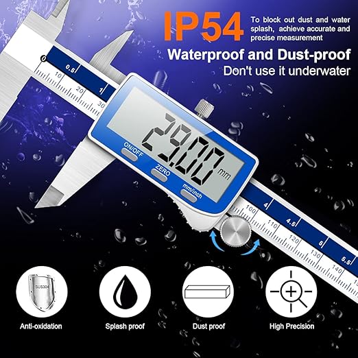 Qfun Digital Caliper, 0-6inch Caliper Measuring Tool Extreme Accuracy IP54 Waterproof Electronic Vernier Caliper Stainless Steel Digital Micrometer with Extra Large LCD Screen