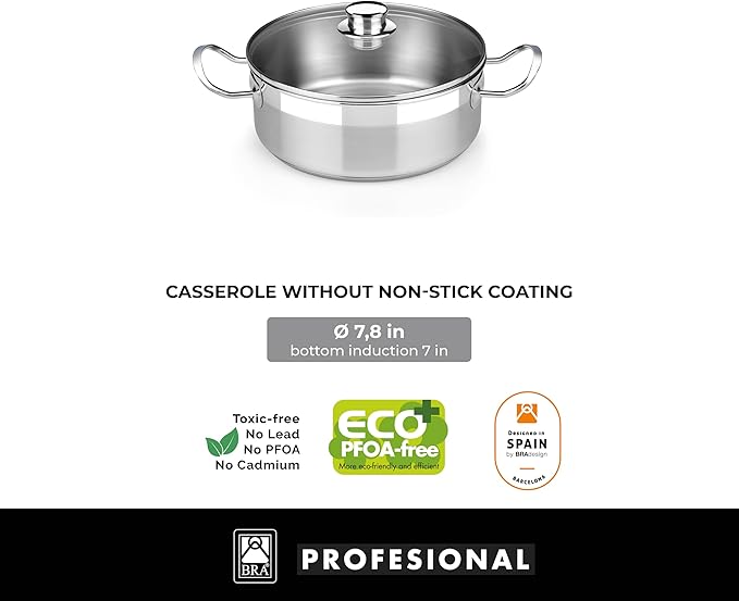 BRA COOKWARE Profesional 9 Piece Cookware Set | Stainless Steel Professional Kitchenware Set | 2 Pots, 1 Sauté Pan, 3 Frying Pans, 3 Lids | All Heat Sources Compatible | PFOA Free