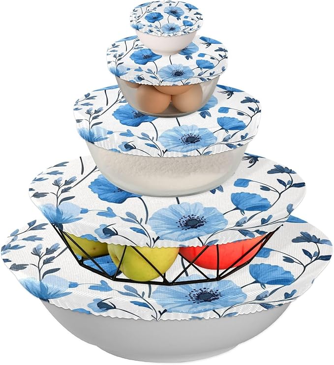 5 Pcs Bowl Covers Reusable in 5 Size Elastic Food Cover Cloth Lids Fresh Keeping Dish Cookware Bakeware Fabric Covers Lids for Food Leftovers Fruits Storage Blue Poppy Flowers and Branches