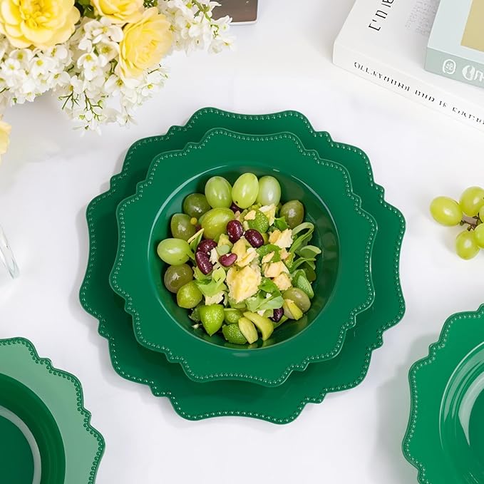 COLOSUS 60 Pack Green White Plastic Bowls, 12 oz Disposable Soup Bowls, Premium Plastic Dinner Bowls,Heavy-duty Dessert Salad Bowl for Party, Wedding, Dinner, Christmas, Thanksgiving, and Catering