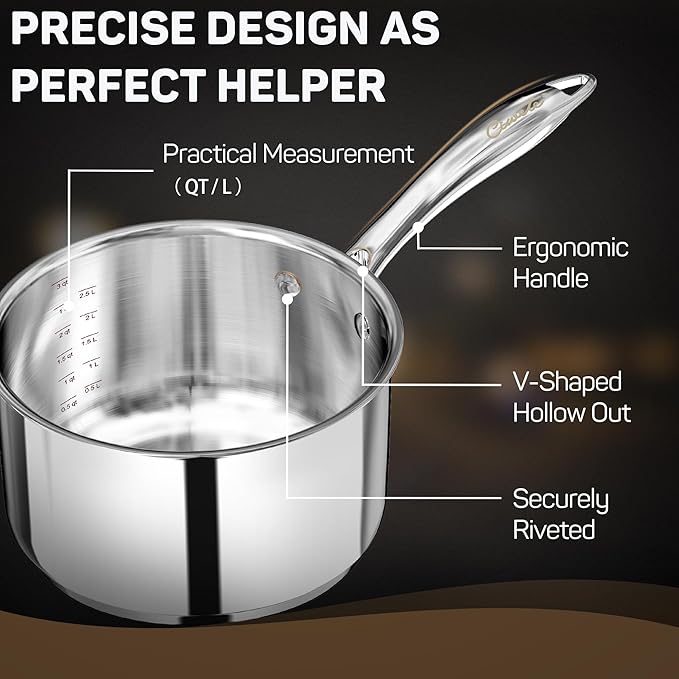 3 Qt Saucepan with Lid - Upgraded Package - 3 Quart 18/10 Stainless Steel Sauce Pan with Mirror Polishing and 2 Sacles, Induction Cookware, Small Pot for Cooking, Dishwasher Safe Oven Safe