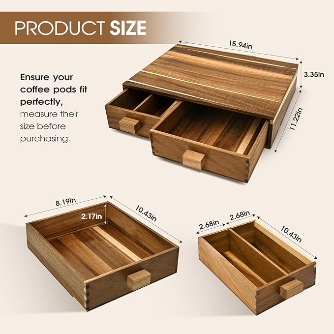 Acacia Wood K Cup Holder，Coffee Pods and Tea Bag Storage Organizer，with Two Drawers Kcup Holders for Counter，Multi-Functional Coffee Maker Stand