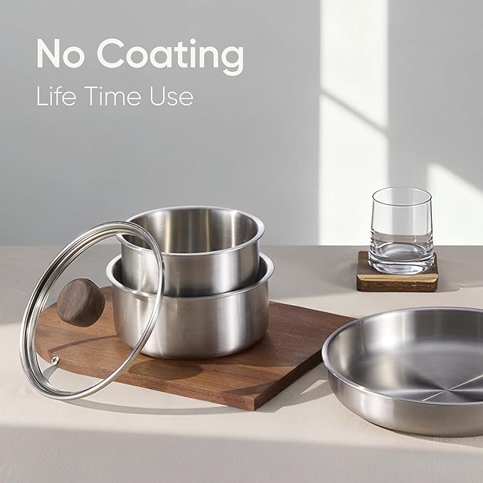 CAROTE 13pcs Tri-Ply Stainless Steel Cookware Set with Detachable Handle, Pots and Pans Set, Induction Kitchen Cooking Sets, RV/Camping Cookware, Oven Safe, Woodgrain Style