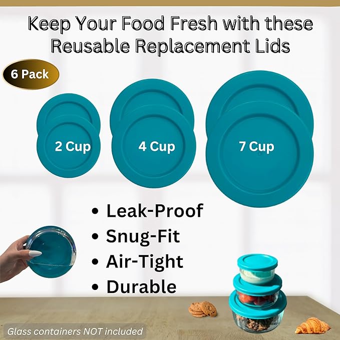 2, 4 & 7 Cup Turquoise Replacement Lids/Covers for Pyrex, Anchor Hocking & KlareWare Storage Bowls *Lids Only Glass Container Not Included* (6 Pack *Two of Each Size*)