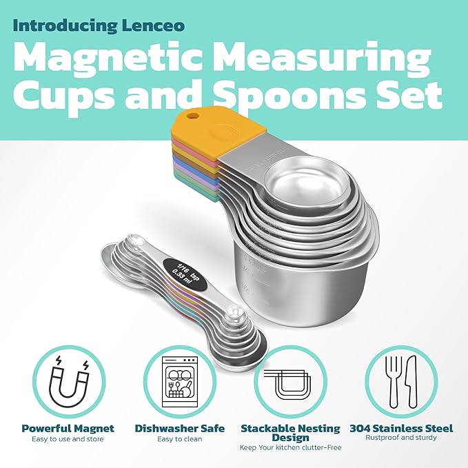Magnetic Measuring Cups and Spoons Set of 17 - Stackable Stainless Steel Magnetic Measuring Spoons Set with Leveler - Dual Marking Scale Measuring Cup for Dry and Liquid Ingredients, Baking & Cooking