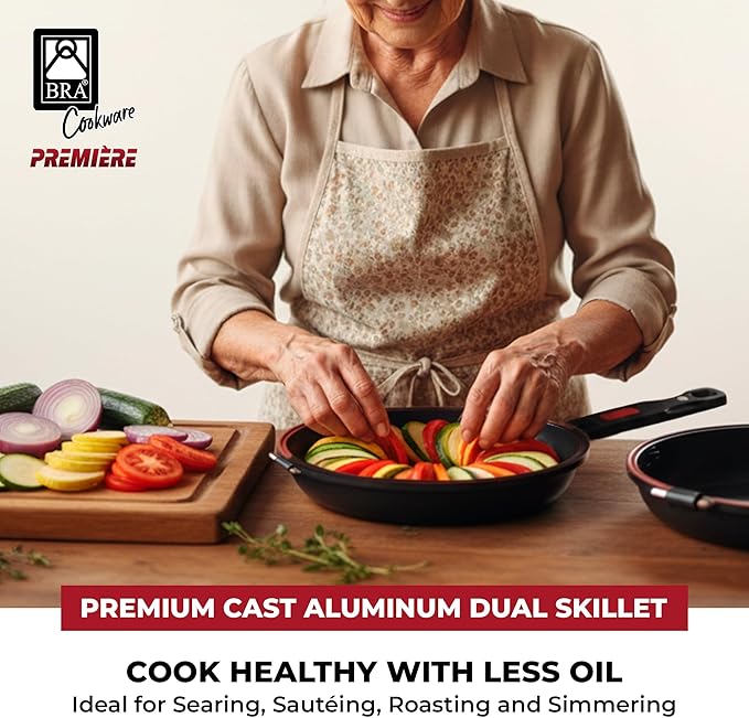 BRA COOKWARE Premiere & Infinity 6-Piece Nonstick Cookware Set | Cast Aluminum Pots & Pans Set w/ 1 Dual Skillet, 1 Pot, 1 Saucepan, 2 Lids | 3-Layer NonStick | All Stovetops | PFOA Free