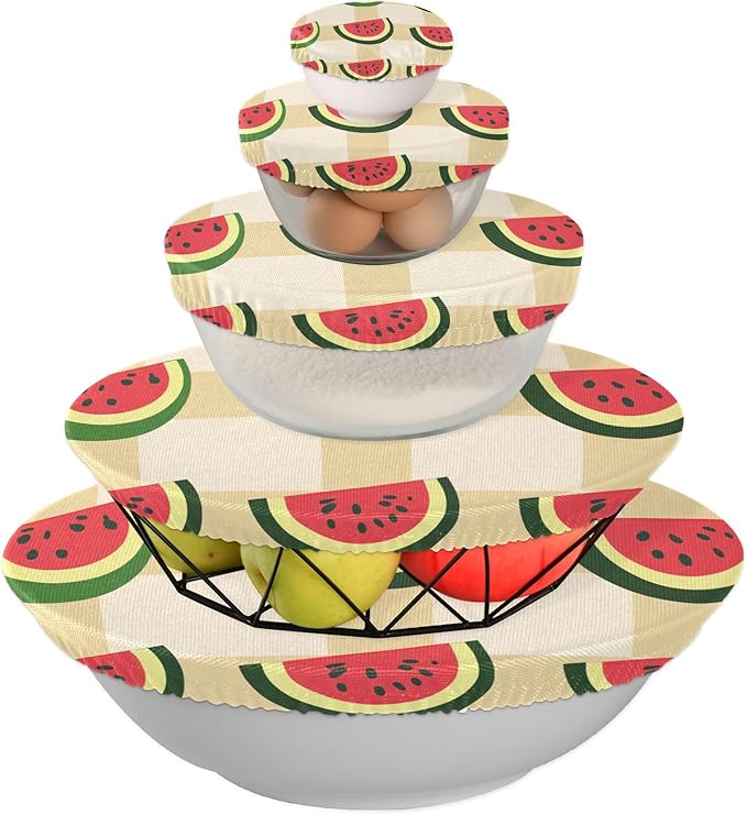 5 Pcs Bowl Covers Reusable in 5 Size Elastic Food Cover Cloth Lids Fresh Keeping Dish Cookware Bakeware Fabric Covers Lids for Food Leftovers Fruits Storage Cute Watermelon Slices Checkered