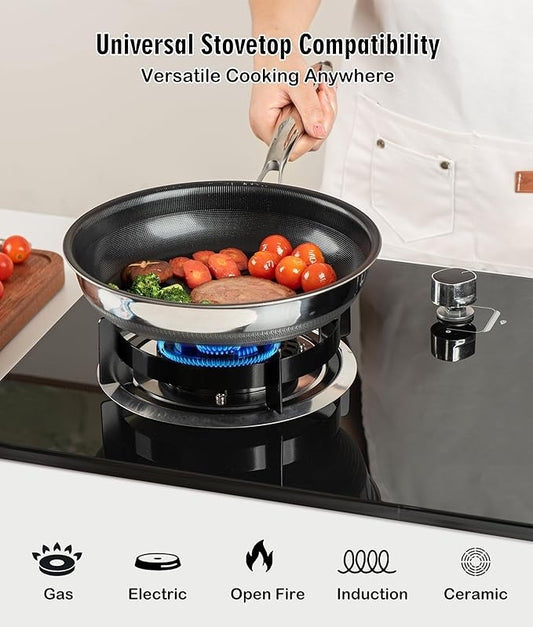 Nonstick Frying Pan Set with 3 Lids, 6 Piece Non-Toxic Titanium Ceramic Skillet, 8, 10 & 12 Inch Stainless Steel Pans, PFAS/PFOA/PTFE Free, Dishwasher & Oven Safe, All Cooktops Compatible