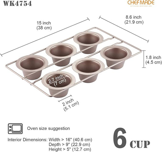CHEFMADE Popover Cake Pan, 6-Cavity Non-Stick Yorkshire Muffin Cupcake Pan Bakeware for Oven Baking (Champagne Gold)