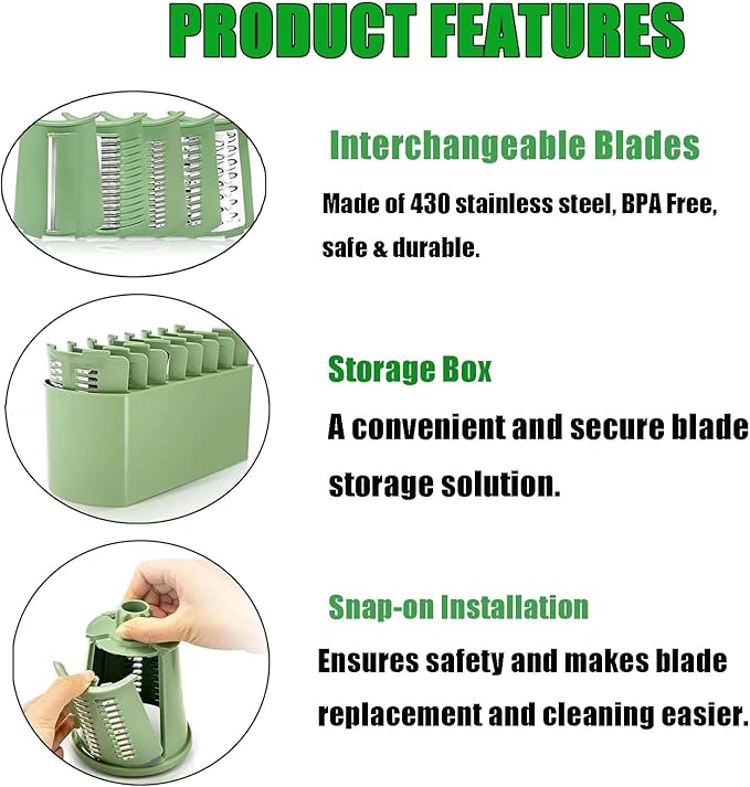 Ultimate Kitchens Ally 5 in 1 Food Chopper, Roarrave Grater with 10 pcs Interchangeable Blades, Multifunction 5 in 1 Hand Crank Food Chopper for Kitchen (Green)