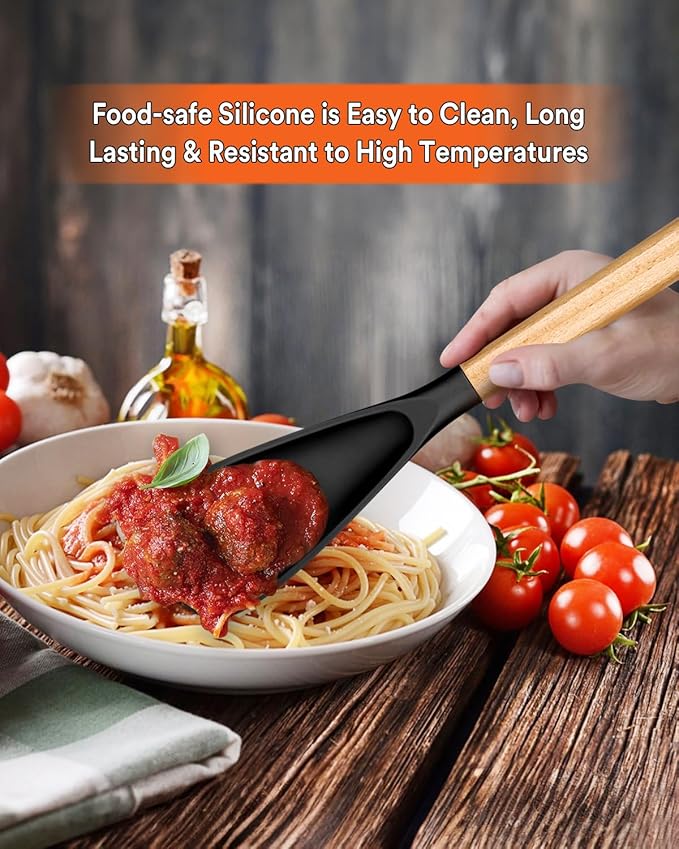 Multifunction Spatula Spoon for Nonstick Cookwares, Great for Cooking and Serving, Sturdy BPA-Free Matte Silicone, Wood Handle Spatula for Mixing, Scoop, and Scrape, Black(2 pack,11.4" & 13.4")
