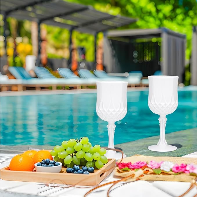 JLYLOL Plastic Vintage Wine Glasses 7OZ Plastic Goblets Vintage Drinking Glasses 24PCS Retro Wedding Glassware Water Goblets Reusable Drinking Cups for Party,Reception,Celebration,Bar,Whiskey(White)