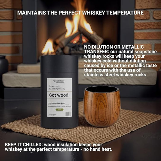 Whiskey Enhancing Charred Wooden Tumbler 2 Set, Chilling Stones & Cocktail eBook | Bourbon Drinking Glass Bourbon Gifts for Men | Wooden Old Fashioned Glass | Gifts for Men Who Have Everything