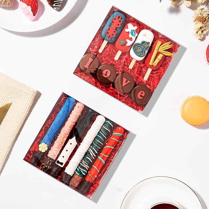 RomanticBaking 50Pack 8x8x1½ Inch Clear Cookies Boxes for Gift Giving Chocolate Covered Pretzel Rods Boxes Heart Cocoa Bombs Boxes Macaron Boxes