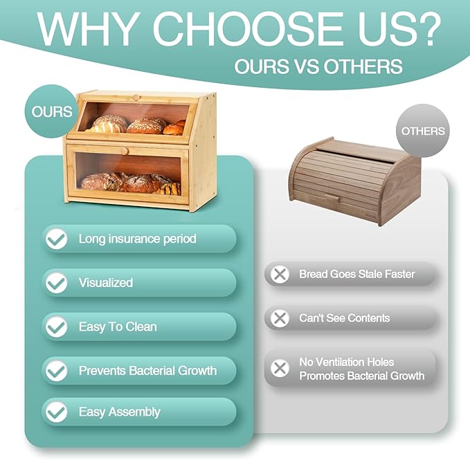 Bread Box for Kitchen Countertop Double Layer,Wooden Extra Large Storage Bin,boxes for kitchen counter Capacity Bin Kitchen Food Storage Container（Natural Wood Color）