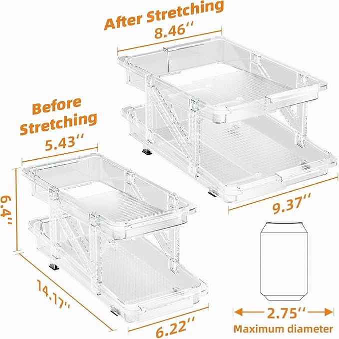 2-Pack Adjustable Can Dispenser for Refrigerator & Pantry - Expandable Width (6.23"-9.37") Gravity-Fed Organizer, Stackable Drink Holder Fits Standard/Tall Cans & Energy Drinks, BPA-Free (Clear-1)