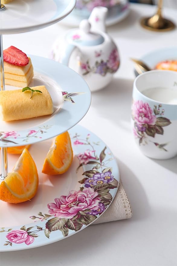 London Boutique Tea for One Teapot Cup Saucer Set Vintage Bird Rose Butterfly Flora New Bone China Gift Box (Blue)