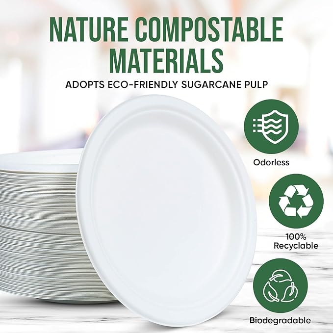 9 Inch Paper Plates 100 Pack - 100% Compostable Dinnerware | Leak & Grease Resistant Disposable Plates for Parties, Microwavable, Bulk Eco-Friendly - White