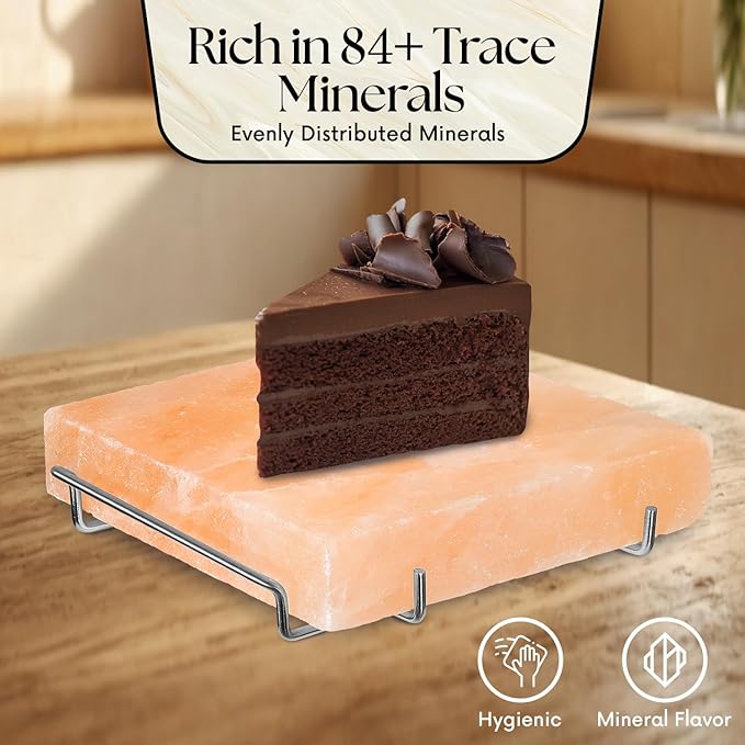 UMAID Himalayan Salt Block For Grilling, Cooking, Cutting and Serving,8X8X1.5 Food Grade Himalayan Pink Salt Stone on Stainless Steel Plate & Recipe Pamphlet, Unique Gifts for Men, Women, Chef, Cooks