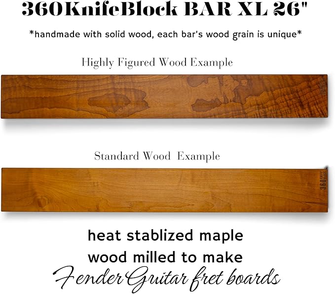 360KnifeBlock BAR XL - 4”x26” Guitar Wood, verticle hang wall mount knife BAR - integrated level, marine grade metal clips, two 2” wall screws - Guitar Wood 26"