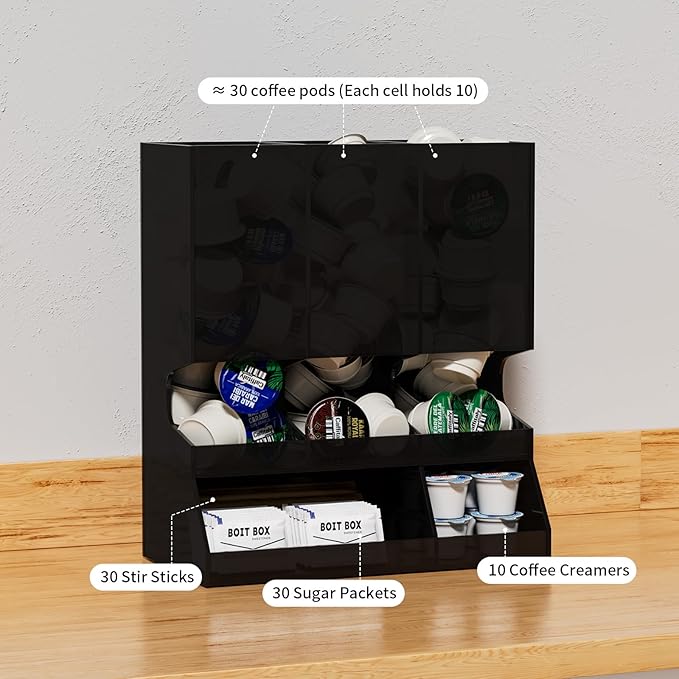 AITEE Modern Black Acrylic Coffee Pod Holder, 3-Compartment Dispenser Organizer for 30 K Cups, Sleek Smudge-Proof Design, Countertop Rack for Kitchen, Breakroom, Pantry, 8.9" L x 4.6" W x 10.2" H