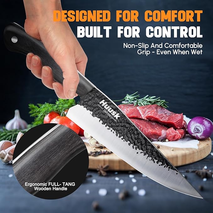 Huusk Chef Knife Japanese Kitchen - Hand Forged Viking Knife for Meat Cutting - Ideal Kitchen Knife Made From a Single Piece of High Carbon Steel - Full Tang Wooden Handle - Birthday Gift for Men