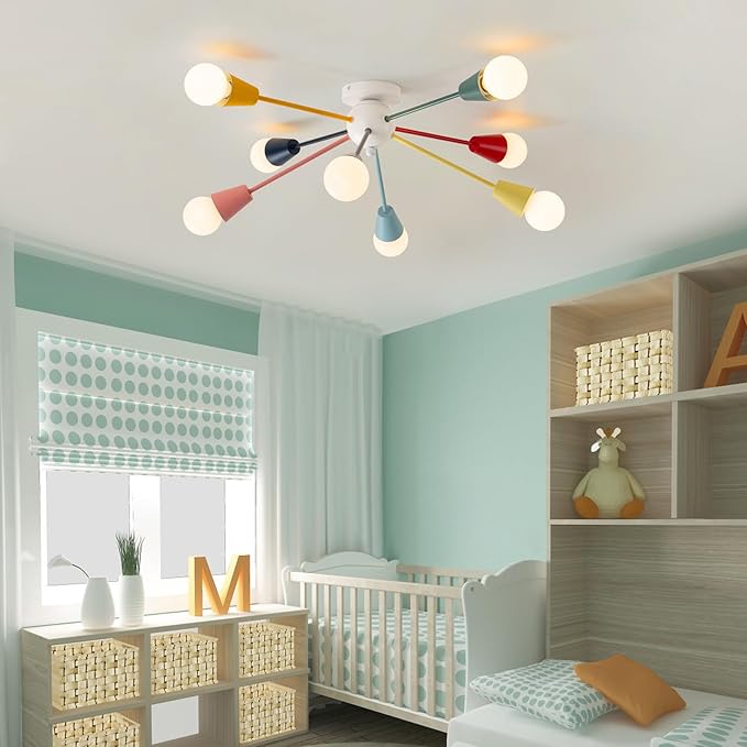 Colorful Chandelier, 8-Light Modern Sputnik Chandelier, Kids Ceiling Light with Multi Color Rainbow Semi Flush Mount Ceiling Lights for Living Room Dining Room Bedroom Playroom E26 Base