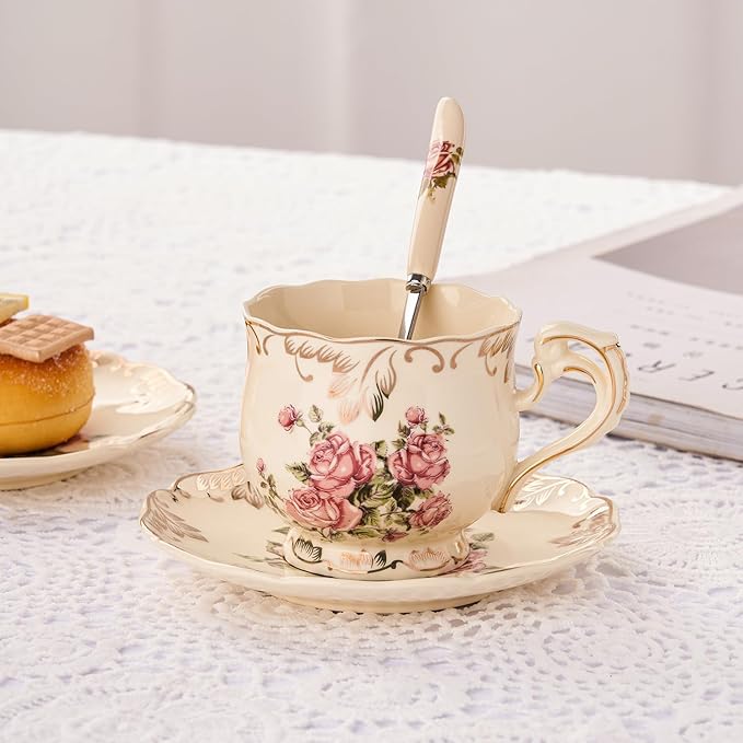 YOLIFE Tea Cups and Saucers Set of 6, Ivory Porcelain Tea Cups Set with Stand, Rose with Gold Leaves Trim Design, Gift for Women (Includes Gift Box, Tote Bag, Greeting Card)