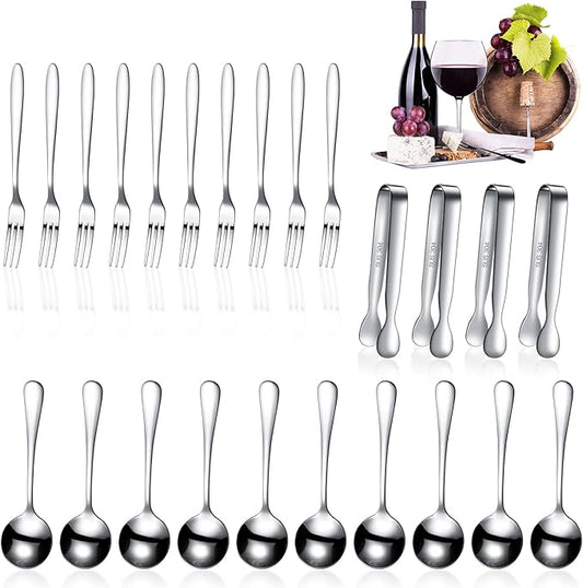 Cunhill 24 Pcs Charcuterie Accessories Mini Cocktail Tongs Small Serving Spoons and Appetizer Forks Stainless Steel Tongs Charcuterie Utensils for Valentine Party Supplies(Circular Spoon,Silver)