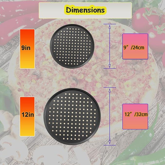 2Pcs Carbon Steel Pizza Pan With Holes 9inch 12inch non stick pizza pan for Oven Round Perforated Pizza Tray Pizza Bakeware For Home Restaurant Baking (2pcs 9inch)