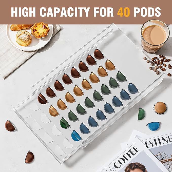 Acrylic Coffee Pod Holder Storage Drawer, Clear 40 Pods Coffee Capsule Organizer for Countertop, Pod Holder for Coffee Pod and Espresso Machines