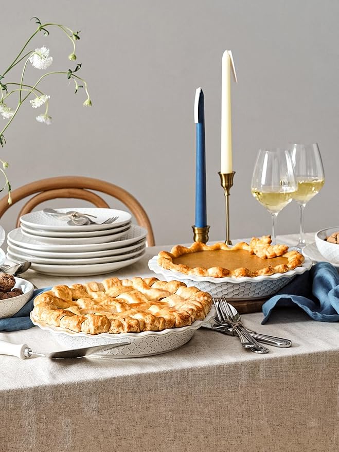 LE TAUCI Pie Pans for Baking 9 Inch, Ceramic Pie Plate for Apple Pie, Round Baking Dish Oven Safe, Embossment Housewarming Wedding Present - 36 OZ, Set of 2, Fireworks + Honey Comb, Arctic White