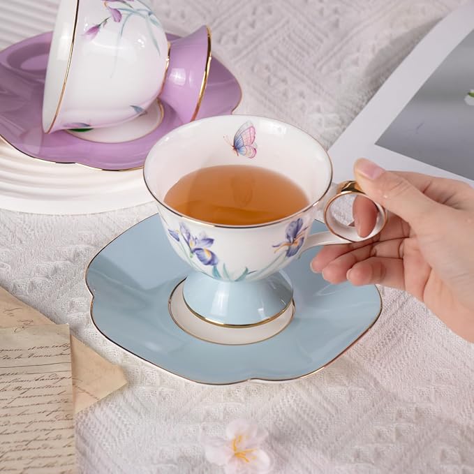 KAMMAK Ceramic Tea Cup and Saucer Set with Gold Trim, Purple & Blue Saucers, Iris Flower & Butterfly Pattern, 250ml Elegant Bone China Coffee Cup for Afternoon Tea, Gift for Women