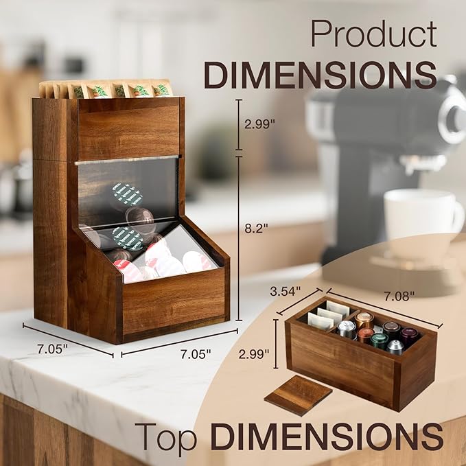 Acacia Wood Coffee Pod Holder, Convenient K Cup Organizer with Clear Window, Coffee Pod Organizer with Top Removable Dividers