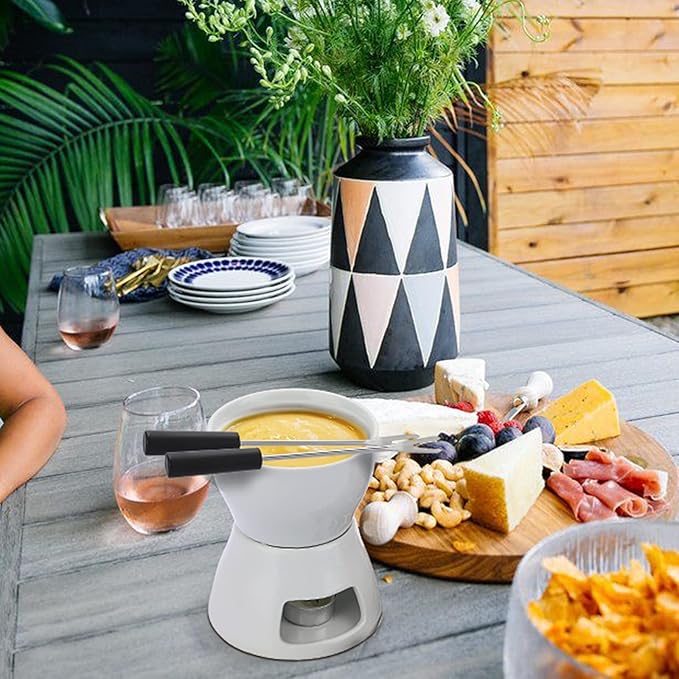 400ML Ceramic Butter Warmer Set with 4 Forks, Fondue Pot Melting Pot Set, Melt Hot Pot Bowl Set For Cheese Chocolate Butter Caramel