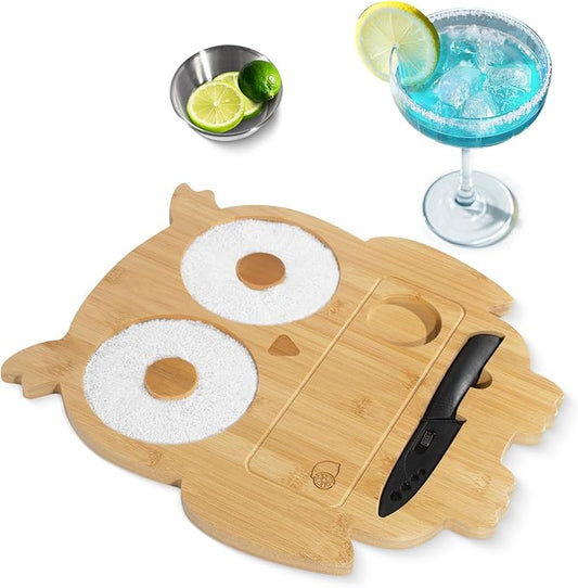 Margarita Salt Rimmer Set Salt Rimmer Set for Cocktails Owl-Shaped Salt & Sugar Rimmer Set with Bowl and Knife Glass Rimmer Bartender Accessories for Home Bar Party Drinks (Natural Bamboo)