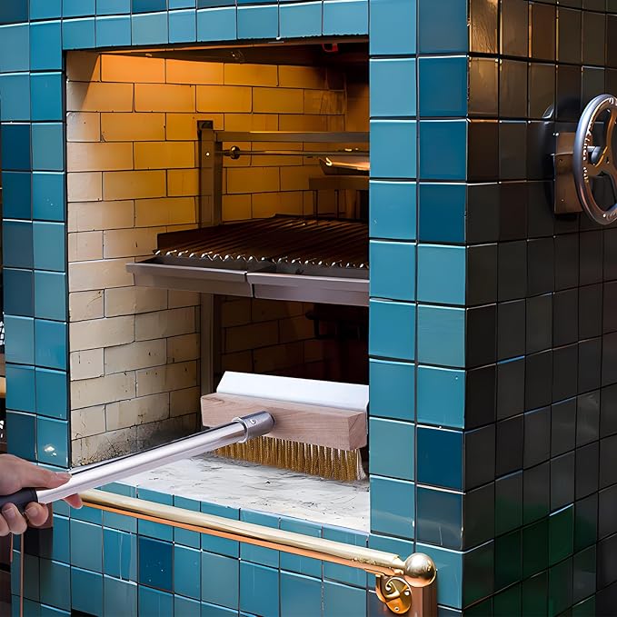 Aluminum Pizza Oven Brush, Grill Brush, Wire Brushes, with Scraper and 4 Sections of Detachable Long Rod Design for Commercial Cleaning, Kitchens, Restaurants, BBQ Shelf Or Any Grill