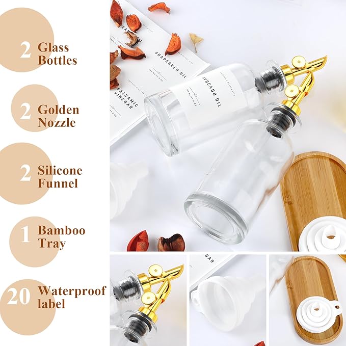 Olive Oil Dispenser Bottle with Bamboo Tray, Metal Pour Spout, Coffee Syrup & Cooking Oil Dispenser for Kitchen