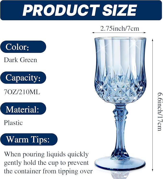 48 Pcs 7 Oz Plastic Goblets for Parties, Blue Plastic Wine Glasses Vintage Champagne Whiskey Crystal Water Goblets for Home, Office, Bars, Wedding, Ribbed (48, Ocean Blue)