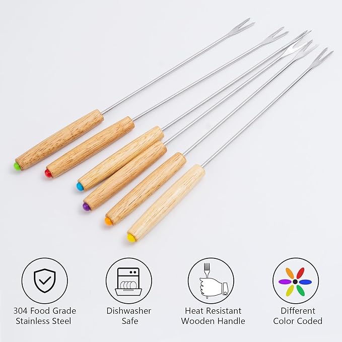 12PCS 9.5 Inch Color-Coded Wood Fondue Forks, Stainless Steel Fruit Fondue With Heat-Blocking Handle for Chocolate Fountain and Cheese