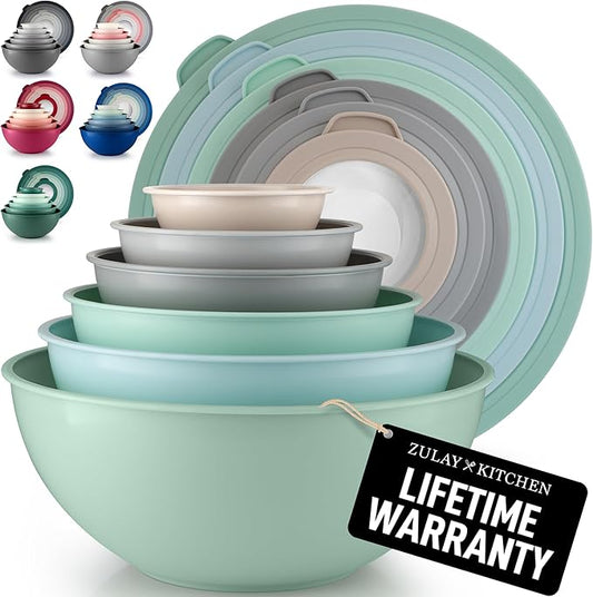 Zulay Kitchen 12 Piece Plastic Nesting Mixing Bowl Set - Colorful Bowls with Lids - Microwave and Freezer Safe (Mint Ombre)