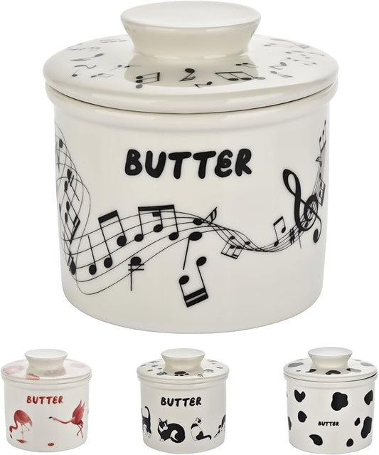 Music Note Design Butter Crock for Counter - French Style Ceramic Butter Keeper and Butter Dish with Lid, Butter Holder for Countertop Storage, Airtight Container for Soft, Spreadable Butter