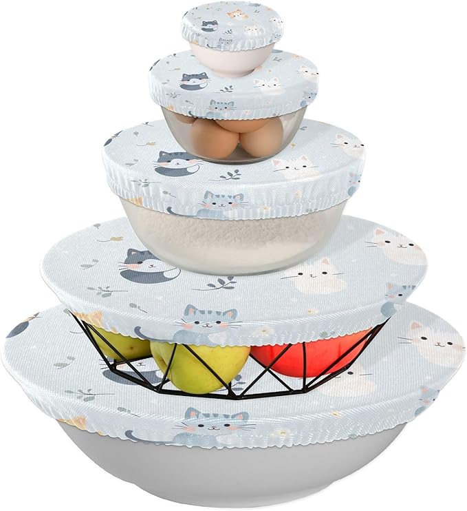5 Pcs Bowl Covers Reusable in 5 Size Elastic Food Cover Cloth Lids Fresh Keeping Dish Cookware Bakeware Fabric Covers Lids for Food Leftovers Fruits Storage Blue Cats Flowers